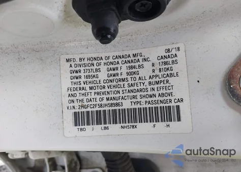 2018 Honda Civic Lx z USA, uszkodzony, nr VIN 2HGFC2F58JH589863